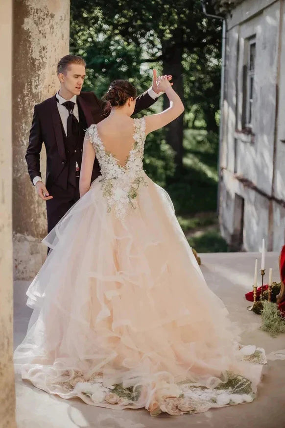 Ball Gown Sheer Neck Sleeveless Tulle Long Wedding Dress With Flowers Prom Dresses OW0144