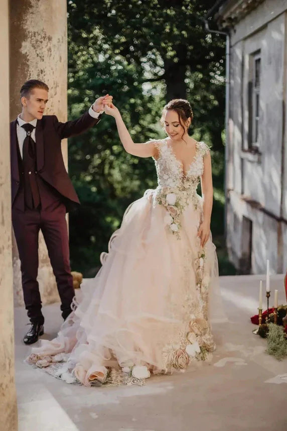 Ball Gown Sheer Neck Sleeveless Tulle Long Wedding Dress With Flowers Prom Dresses OW0144