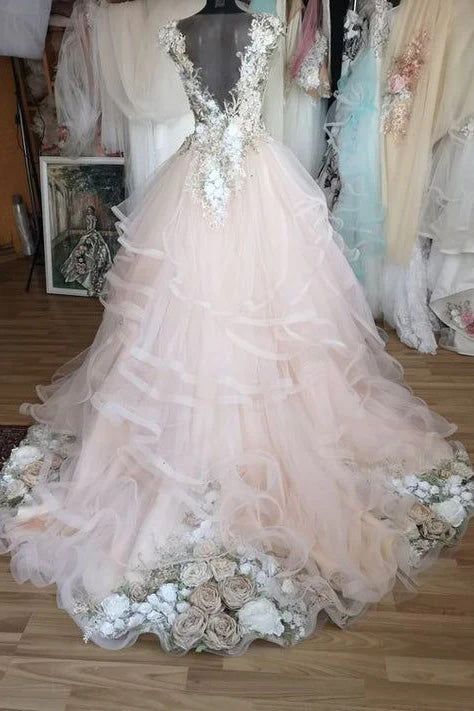 Ball Gown Sheer Neck Sleeveless Tulle Long Wedding Dress With Flowers Prom Dresses OW0144