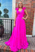 Fuchsia A line V Neck Ruffles Chiffon Prom Dresses, Long Dance Dresses OM0413