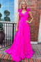 Fuchsia A line V Neck Ruffles Chiffon Prom Dresses, Long Dance Dresses OM0413