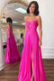 Simple Hot Pink Sweetheart Keyhole Pleated Chiffon Prom Dress, A Line Formal Dress With Split OM0410
