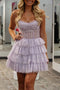 Sparkly A Line Lilac Corset Strapless Tiered Homecoming Dresses With Above Knee OMH0277