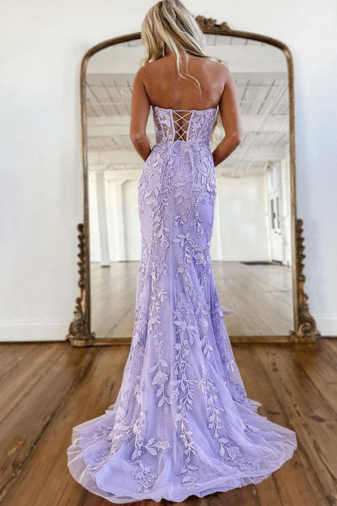 Long Mermaid Strapless Purple Appliques Lace Corset V neck Prom Dress With Lace Up OM0421