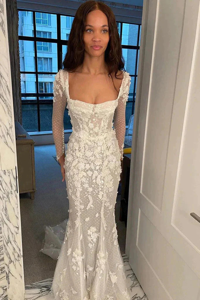 Mermaid Long Sleeves Square Neck Tulle Appliques Wedding Dress, Bridal Gown OW0150
