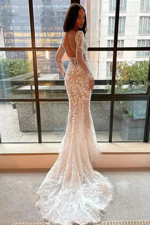 Mermaid Long Sleeves Square Neck Tulle Appliques Wedding Dress, Bridal Gown OW0150
