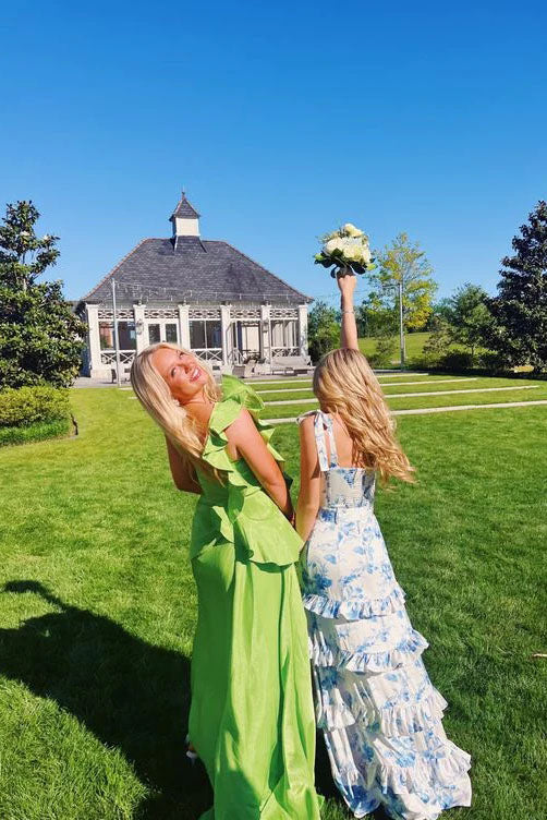 Printing A Line Sweetheart Layers Straps White and Blue Floor Length Prom Dress OM0416