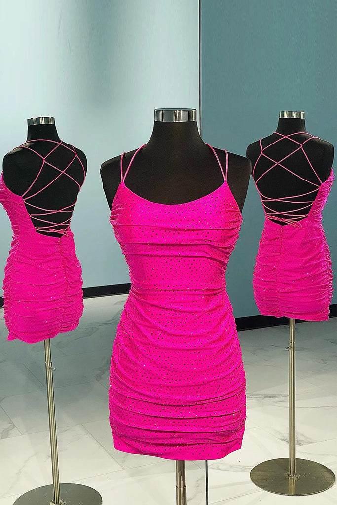 Rose Pink Spaghetti Straps Scoop Tight Homecoming Dress, Lace up Dance Dress OMH0268