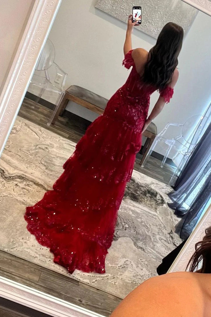 Sparkly A line Burgundy Off the Shoulder Tiered Tulle Prom Dresses With Slit OM0391