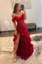 Sparkly A line Burgundy Off the Shoulder Tiered Tulle Prom Dresses With Slit OM0391