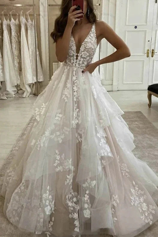 Charming Ivory V Neck Layers Lace Applique Tulle Long Bridal Wedding Dress OW0143