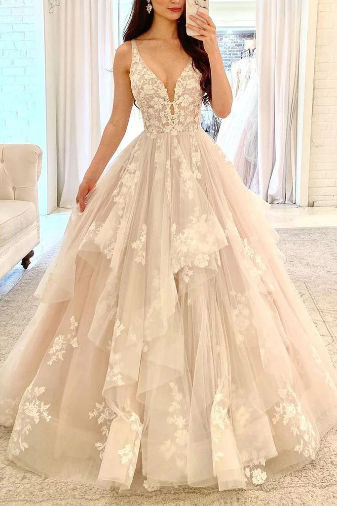 Charming Ivory V Neck Layers Lace Applique Tulle Long Bridal Wedding Dress OW0143
