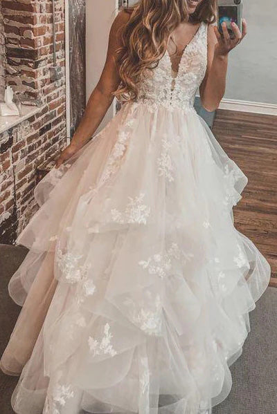 Charming Ivory V Neck Layers Lace Applique Tulle Long Bridal Wedding Dress OW0143