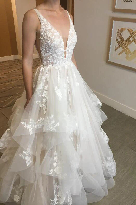 Charming Ivory V Neck Layers Lace Applique Tulle Long Bridal Wedding Dress OW0143