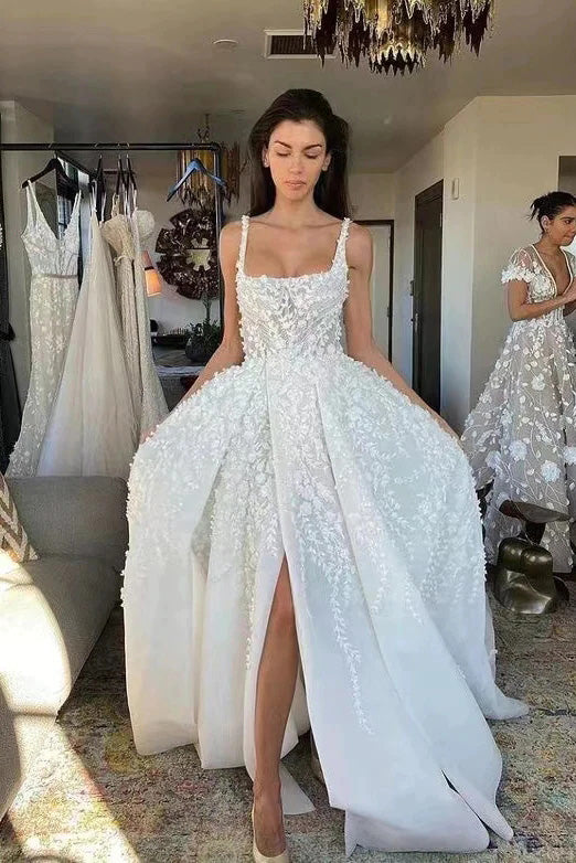 Gorgeous A line Ivory Straps Scoop Appliques Lace Long Wedding Dress With Slit OW0149
