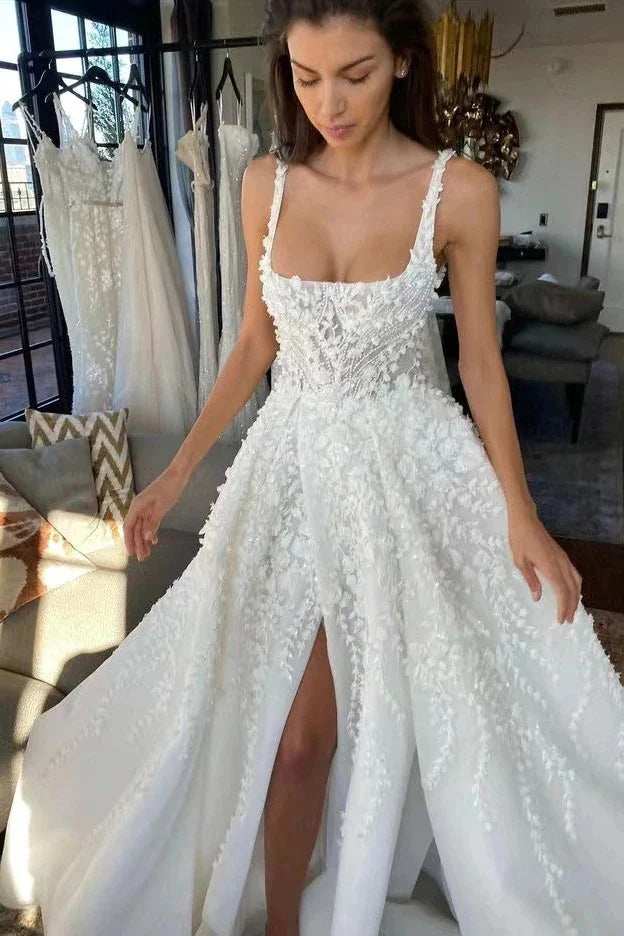 Gorgeous A line Ivory Straps Scoop Appliques Lace Long Wedding Dress With Slit OW0149