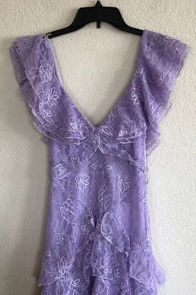 A Line Lace Lilac V neck Strapless Prom Dresses, Layers Long Formal Dresses OM0412