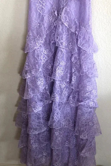 A Line Lace Lilac V neck Strapless Prom Dresses, Layers Long Formal Dresses OM0412