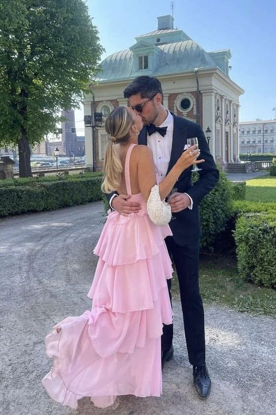 Elegant A line Pink Chiffon Tiered Sleeveless Straps Backless Prom Girl Dresses OM0418