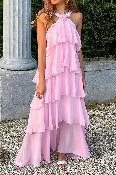 Elegant A line Pink Chiffon Tiered Sleeveless Straps Backless Prom Girl Dresses OM0418