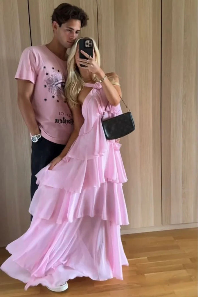 Elegant A line Pink Chiffon Tiered Sleeveless Straps Backless Prom Girl Dresses OM0418