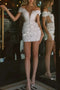 Sheath V-Neck Off-Shoulder 3D Flower Appliques Mini Wedding Dress, Lace Bridal Dress OW0161