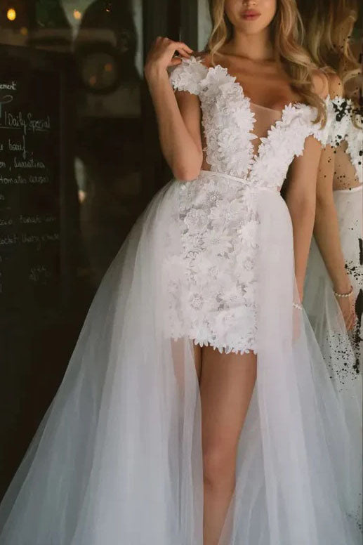 Sheath V-Neck Off-Shoulder 3D Flower Appliques Mini Wedding Dress, Lace Bridal Dress OW0161