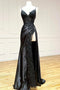 Elegant A Line Black Spaghetti Straps V Neck Sleeveless Long Prom Dresses With Slit OM0419