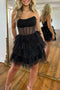 Sparkly A line Black Strapless Tiered Corset Short Homecoming Dresses OMH0284