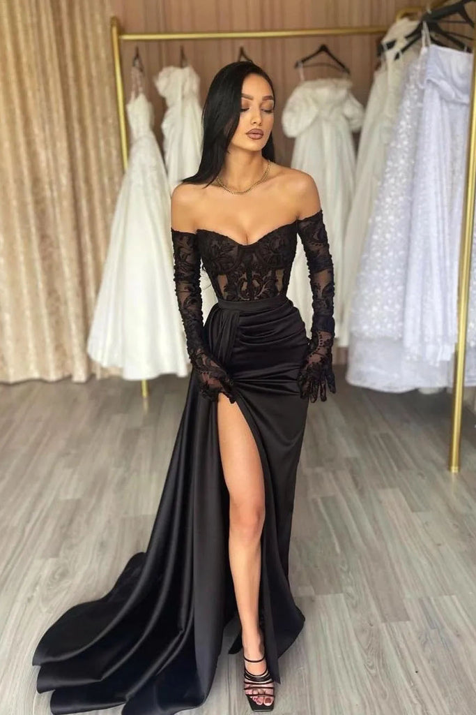 Black Sweetheart Long Sleeves Appliques Lace Long Prom Dresses With Slit OM0423