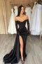Black Sweetheart Long Sleeves Appliques Lace Long Prom Dresses With Slit OM0423