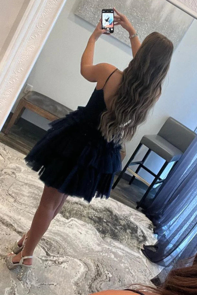 A Line Black Spaghetti Straps Tiered Tulle Homecoming Dresses with V Neck,Dance Dress OMH0271