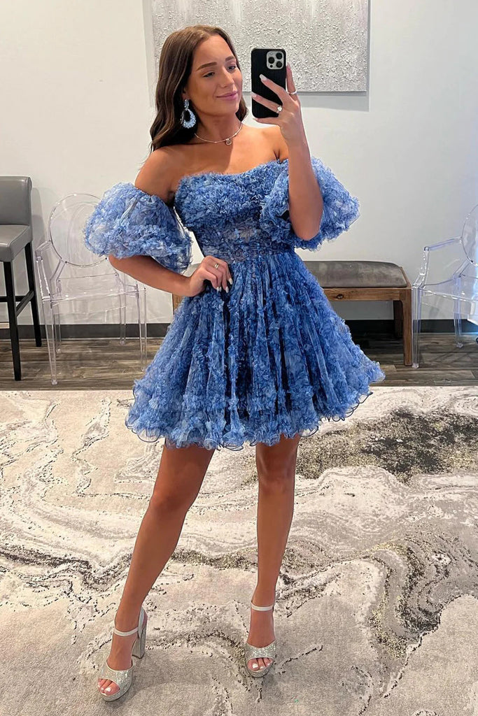 A Line Blue Printed Detachable Sleeves Ruffled Homecoming Dress, Dance Dresses OMH0275