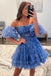 A Line Blue Printed Detachable Sleeves Ruffled Homecoming Dress, Dance Dresses OMH0275