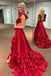 A line Burgundy Ruffled Crossed Top Layers Long Prom Dresses With Slit OM0409