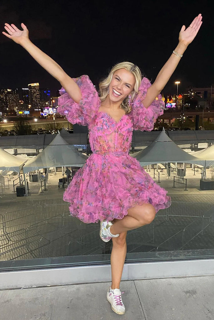 A line Floral Puff Sleeves Sweetheart Corset Homecoming Dresses With Bowknot OMH0276