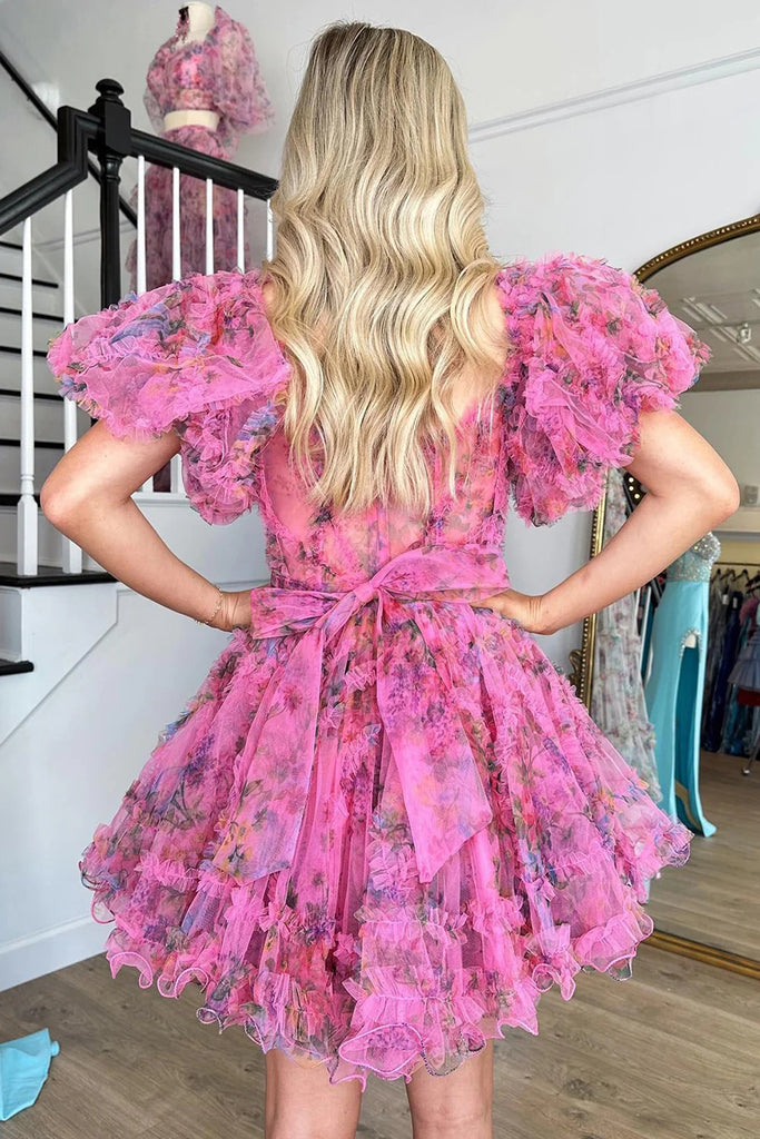 A line Floral Puff Sleeves Sweetheart Corset Homecoming Dresses With Bowknot OMH0276