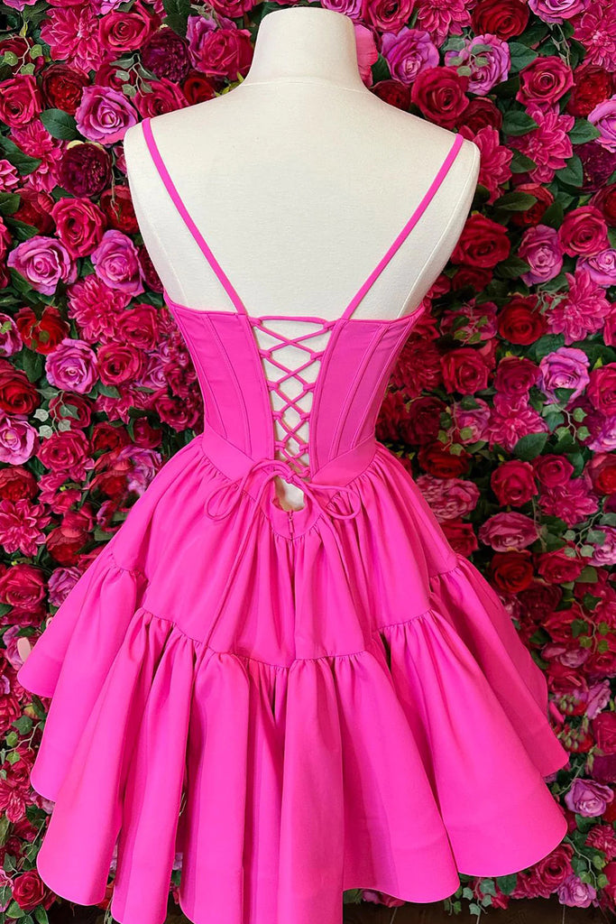 Hot Pink A Line Spaghetti Straps Satin Short Homecoming Dresses With Lace up OMH0285