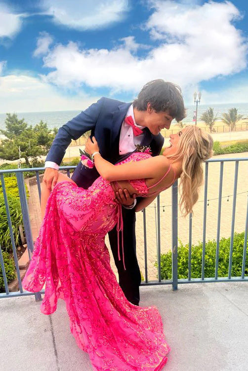 Mermaid Pink Lace Appliques V Neck Long Prom Dress, Slit Evening Dresses OM0387