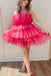 A line Hot Pink Strapless Tiered Tulle Short Homecoming Dresses, Dance Dress OMH0282