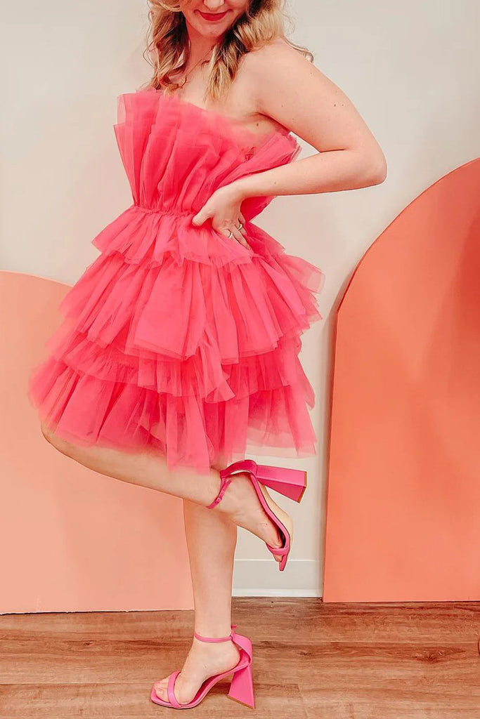 A line Hot Pink Strapless Tiered Tulle Short Homecoming Dresses, Dance Dress OMH0282