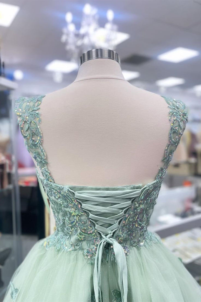 A Line Light Green Sweetheart Lace Appliques Straps Tulle Homecoming Dress with Butterfly OMH0310