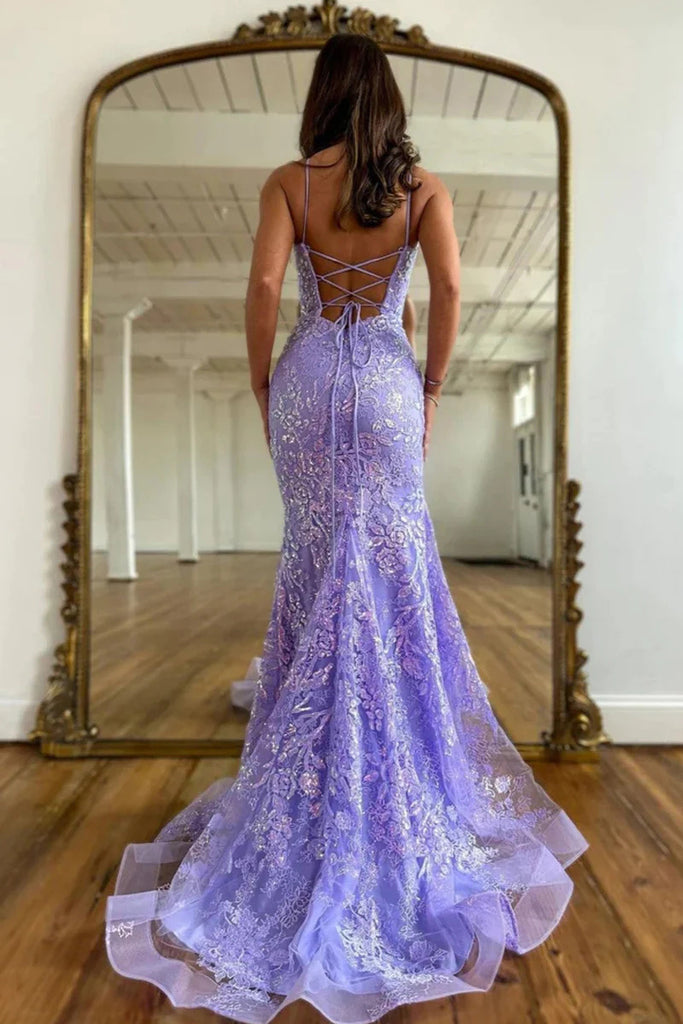 Charming Mermaid Lilac Lace Appliques Spaghetti Straps Prom Dress With Criss Cross OM0404