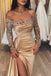 Sheath Long Sleeves Off the Shoulder Sequins Long Prom Dresses With Leg Slit OM0432