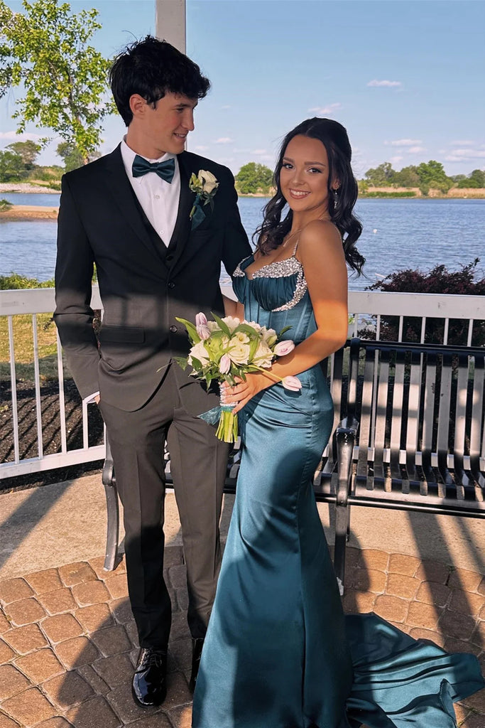 Mermaid Spaghetti Straps Blue Beading Sleeveless Prom Dresses With Slit OM0389