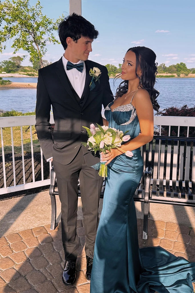 Mermaid Spaghetti Straps Blue Beading Sleeveless Prom Dresses With Slit OM0389