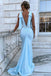 Sheath Light Blue V neck Long Prom Dress With V Back, Evening Formal Dresses OM0411