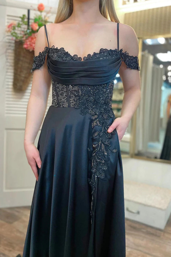 A Line Navy Blue Cold Shoulder Bead Appliques Lace Long Prom Dresses With Pockets OM0424