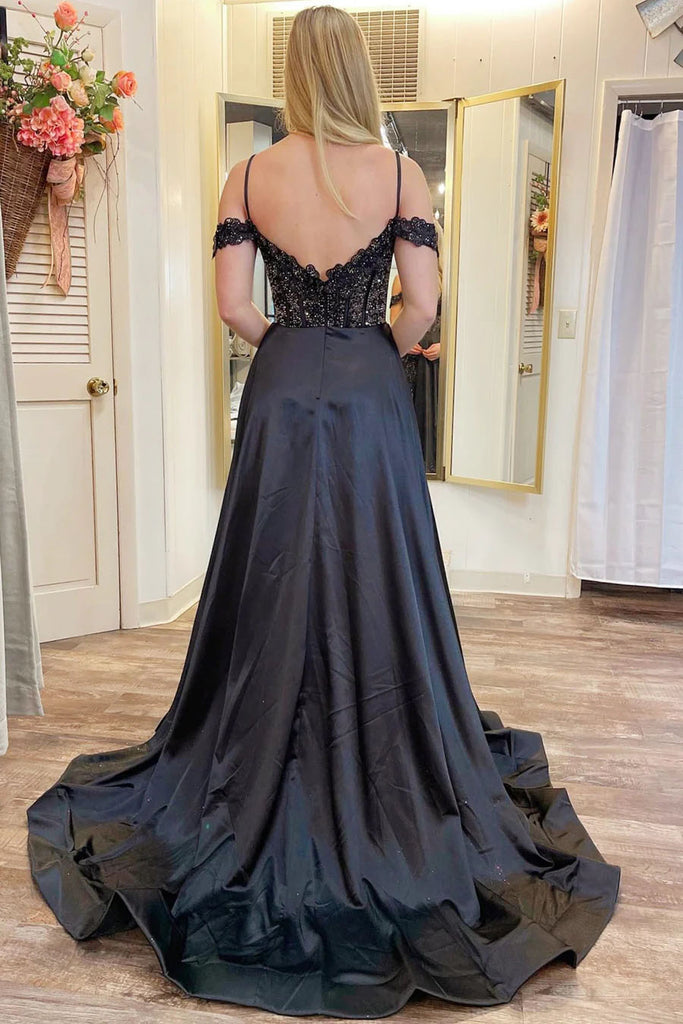 A Line Navy Blue Cold Shoulder Bead Appliques Lace Long Prom Dresses With Pockets OM0424