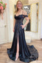 A Line Navy Blue Cold Shoulder Bead Appliques Lace Long Prom Dresses With Pockets OM0424